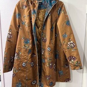 Dennis Basso Floral Brown Trench Coat with Blue and Purple Details